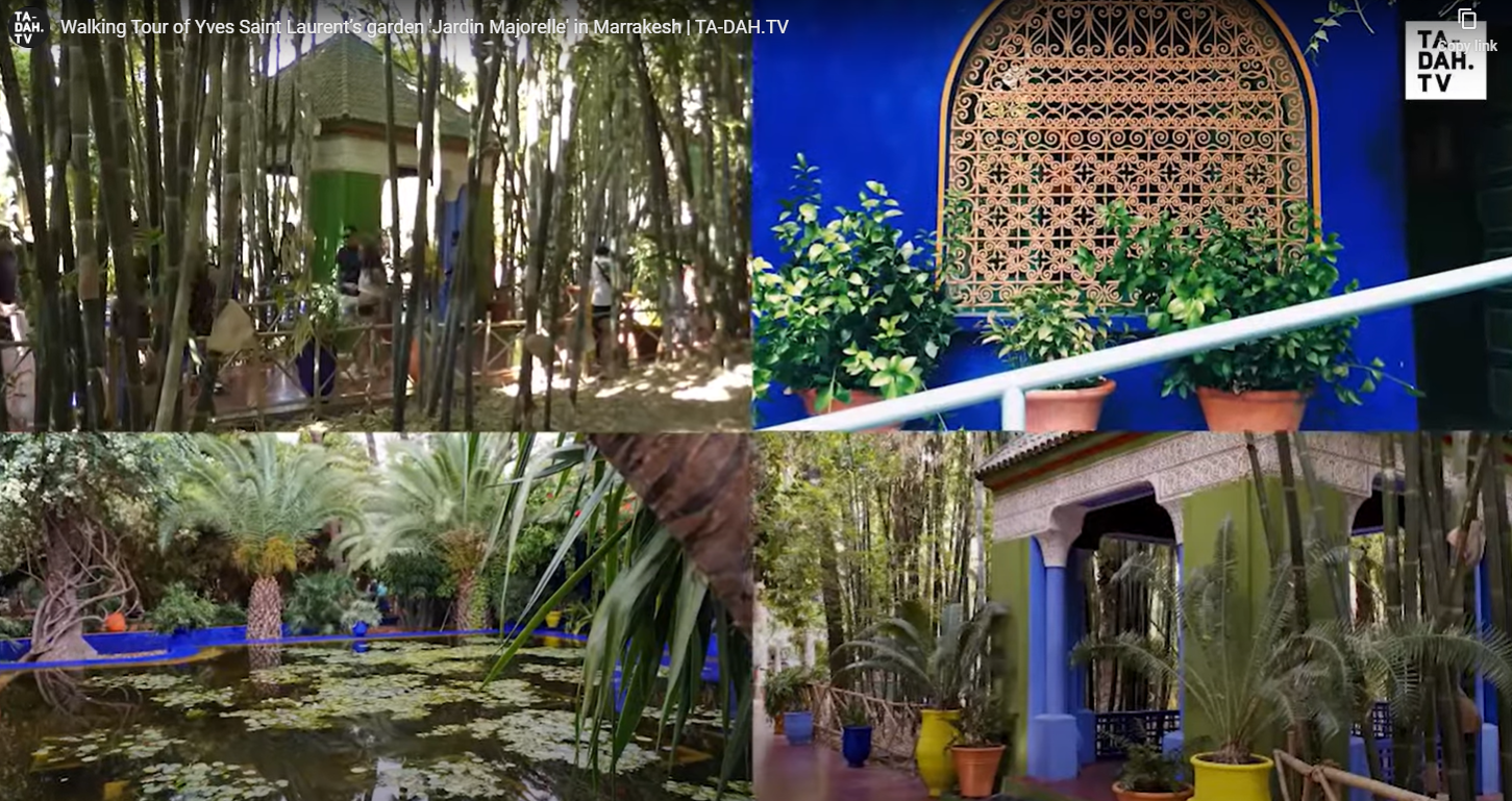 Four shots of the lush plant life in Jardin Majorelle in Marrakesh, Morocco.